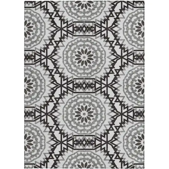 White Black And Gray Floral Medallion Washable Indoor Outdoor Area Rug Photo 5