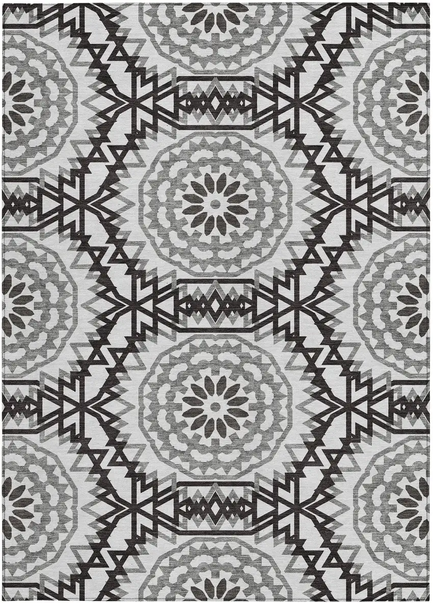 White Black And Gray Floral Medallion Washable Indoor Outdoor Area Rug Photo 5