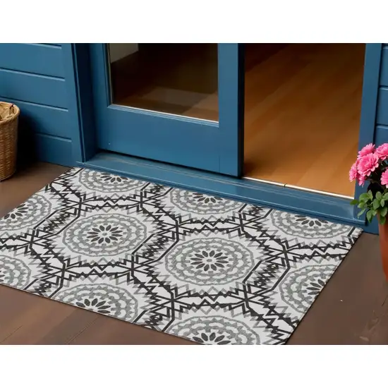 White Black And Gray Floral Medallion Washable Indoor Outdoor Area Rug Photo 1