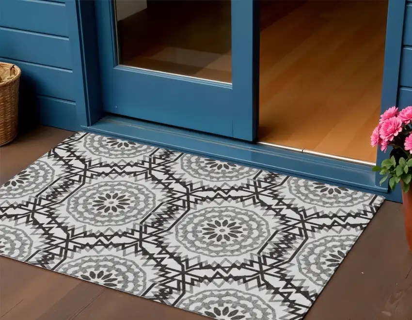 White Black And Gray Floral Medallion Washable Indoor Outdoor Area Rug Photo 1