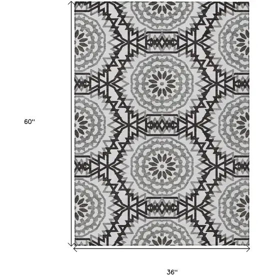White Black And Gray Floral Medallion Washable Indoor Outdoor Area Rug Photo 3