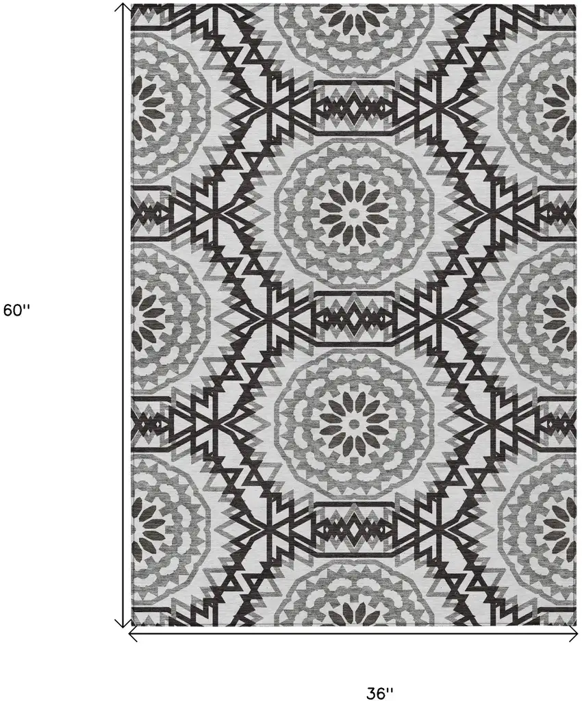 White Black And Gray Floral Medallion Washable Indoor Outdoor Area Rug Photo 3