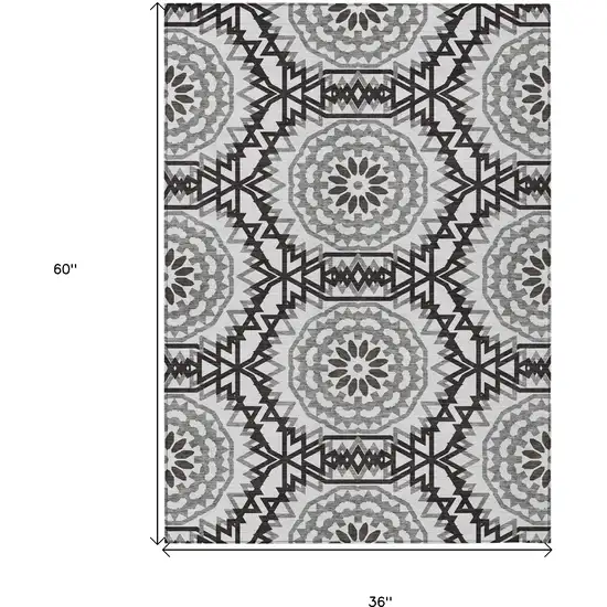 White Black And Gray Floral Medallion Washable Indoor Outdoor Area Rug Photo 3