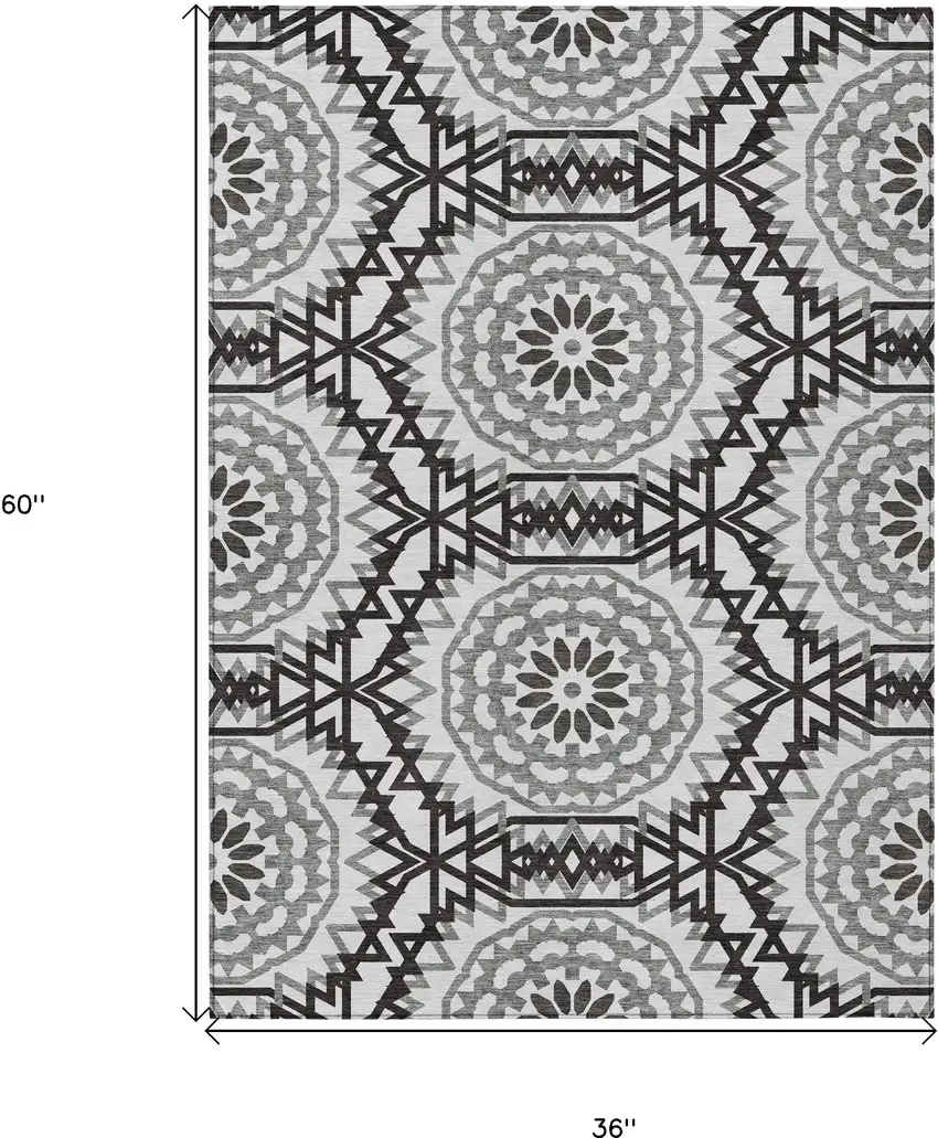 White Black And Gray Floral Medallion Washable Indoor Outdoor Area Rug Photo 3