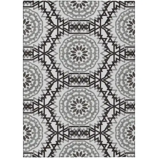 White Black And Gray Floral Medallion Washable Indoor Outdoor Area Rug Photo 2