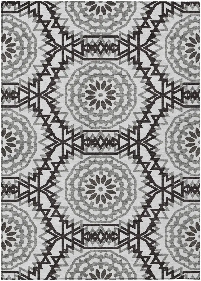 White Black And Gray Floral Medallion Washable Indoor Outdoor Area Rug Photo 2