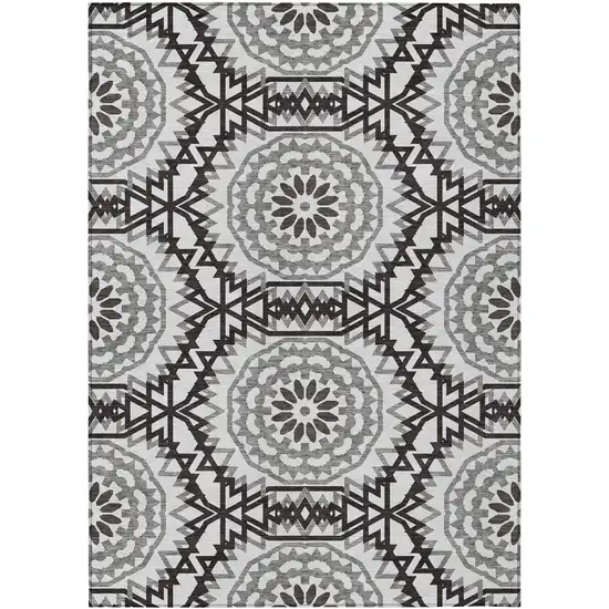 White Black And Gray Floral Medallion Washable Indoor Outdoor Area Rug Photo 2