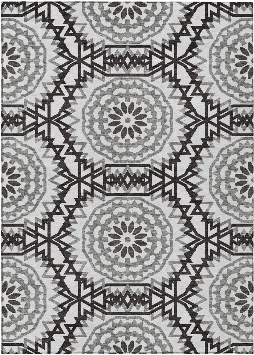 White Black And Gray Floral Medallion Washable Indoor Outdoor Area Rug Photo 2