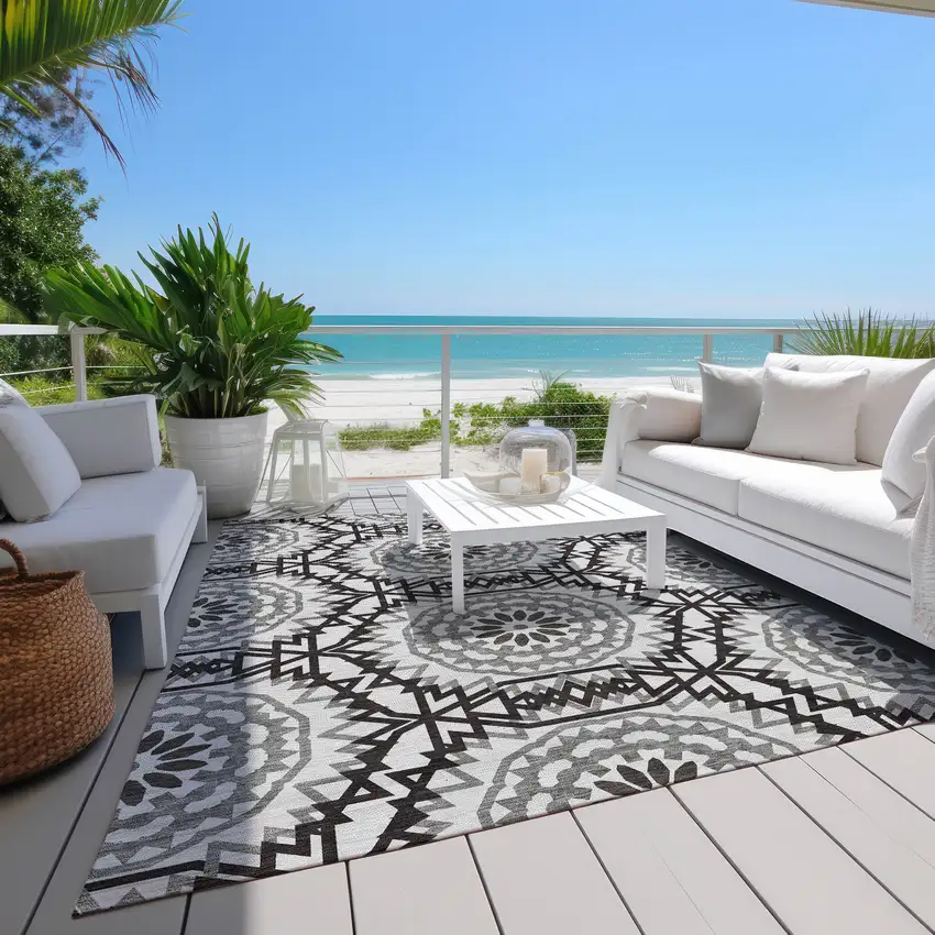 White Black And Gray Floral Medallion Washable Indoor Outdoor Area Rug Photo 9