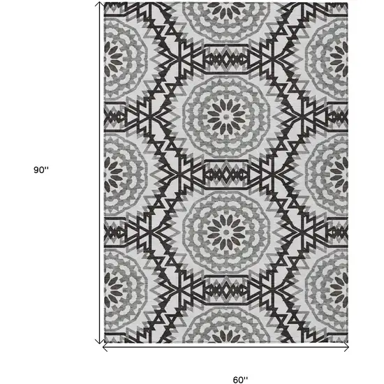 White Black And Gray Floral Medallion Washable Indoor Outdoor Area Rug Photo 3