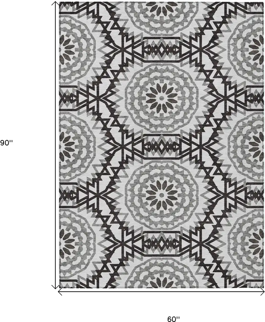 White Black And Gray Floral Medallion Washable Indoor Outdoor Area Rug Photo 3