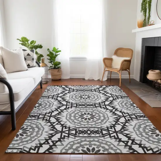 White Black And Gray Floral Medallion Washable Indoor Outdoor Area Rug Photo 8