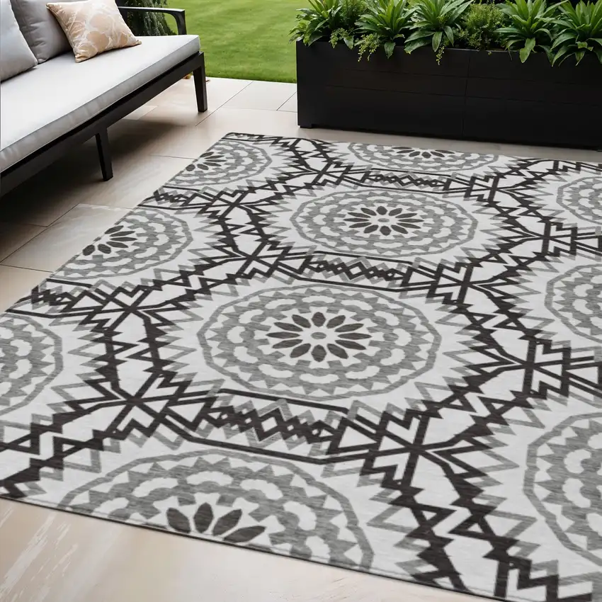 White Black And Gray Floral Medallion Washable Indoor Outdoor Area Rug Photo 1