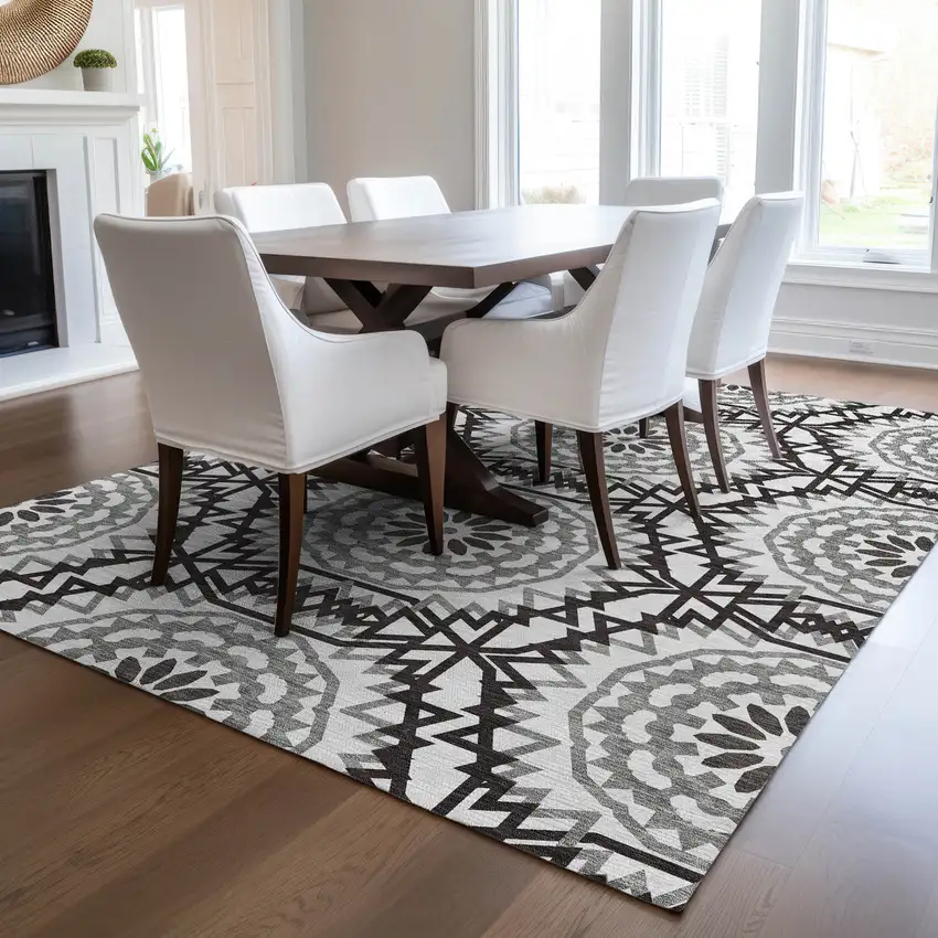 White Black And Gray Floral Medallion Washable Indoor Outdoor Area Rug Photo 7