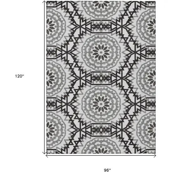 White Black And Gray Floral Medallion Washable Indoor Outdoor Area Rug Photo 3