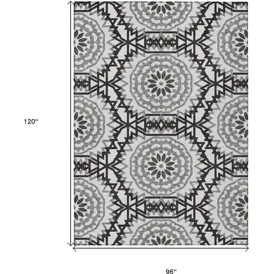 White Black And Gray Floral Medallion Washable Indoor Outdoor Area Rug Photo 3