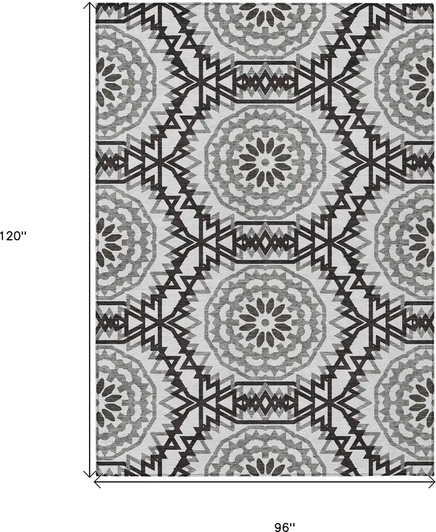 White Black And Gray Floral Medallion Washable Indoor Outdoor Area Rug Photo 3