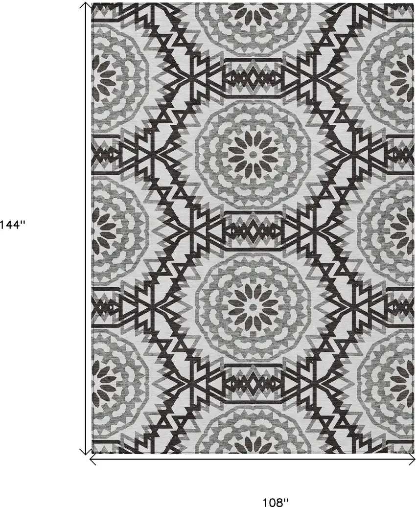 White Black And Gray Floral Medallion Washable Indoor Outdoor Area Rug Photo 3