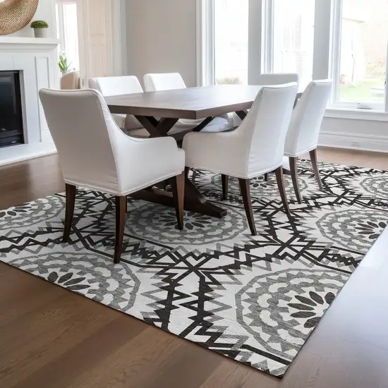 White Black And Gray Floral Medallion Washable Indoor Outdoor Area Rug Photo 7