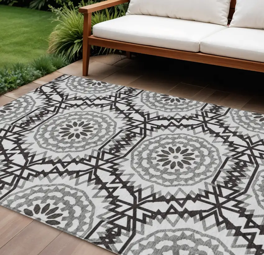White Black And Gray Floral Medallion Washable Indoor Outdoor Area Rug Photo 1