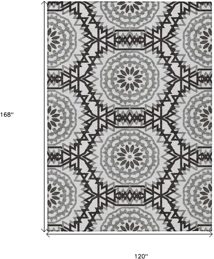 White Black And Gray Floral Medallion Washable Indoor Outdoor Area Rug Photo 3