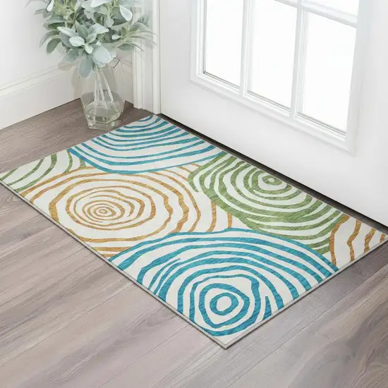 White Blue And Green Abstract Washable Area Rug With UV Protection Photo 2