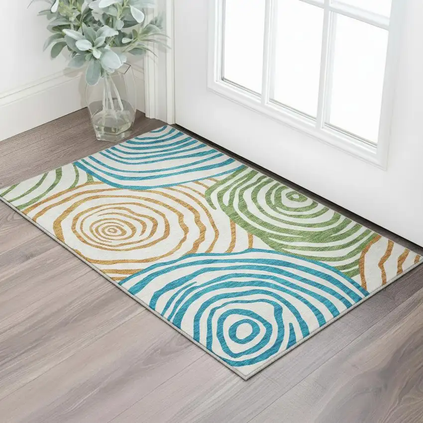 White Blue And Green Abstract Washable Area Rug With UV Protection Photo 2