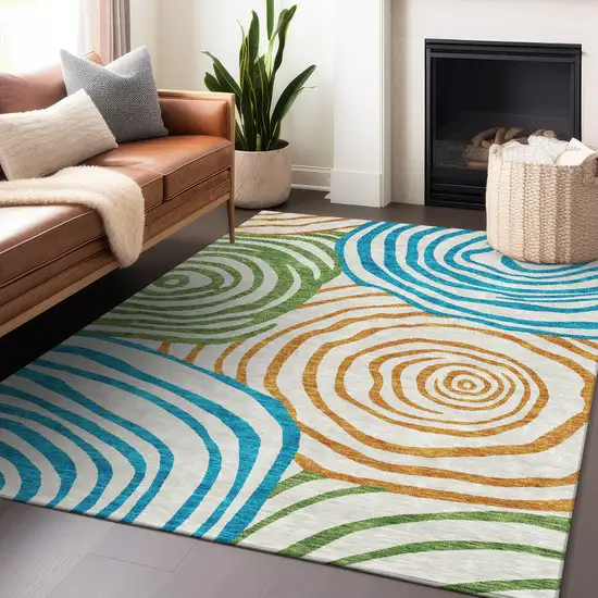 White Blue And Green Abstract Washable Area Rug With UV Protection Photo 6
