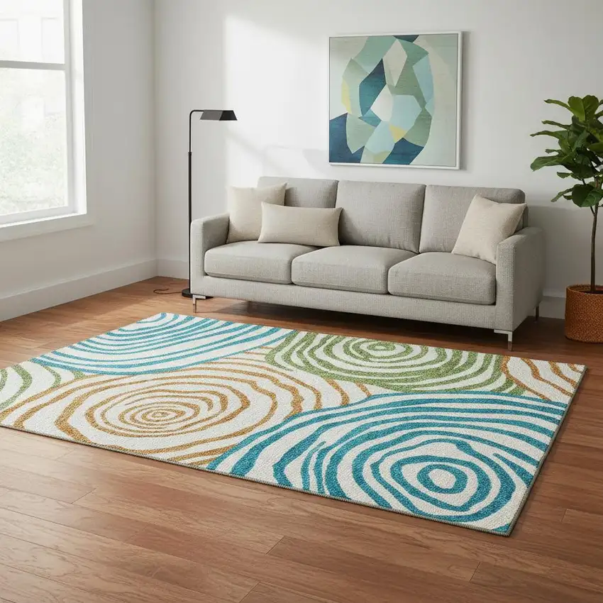 White Blue And Green Abstract Washable Area Rug With UV Protection Photo 2