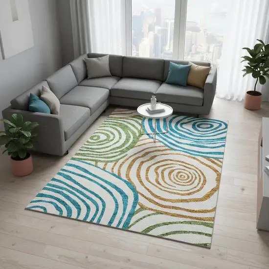 White Blue And Green Abstract Washable Area Rug With UV Protection Photo 2