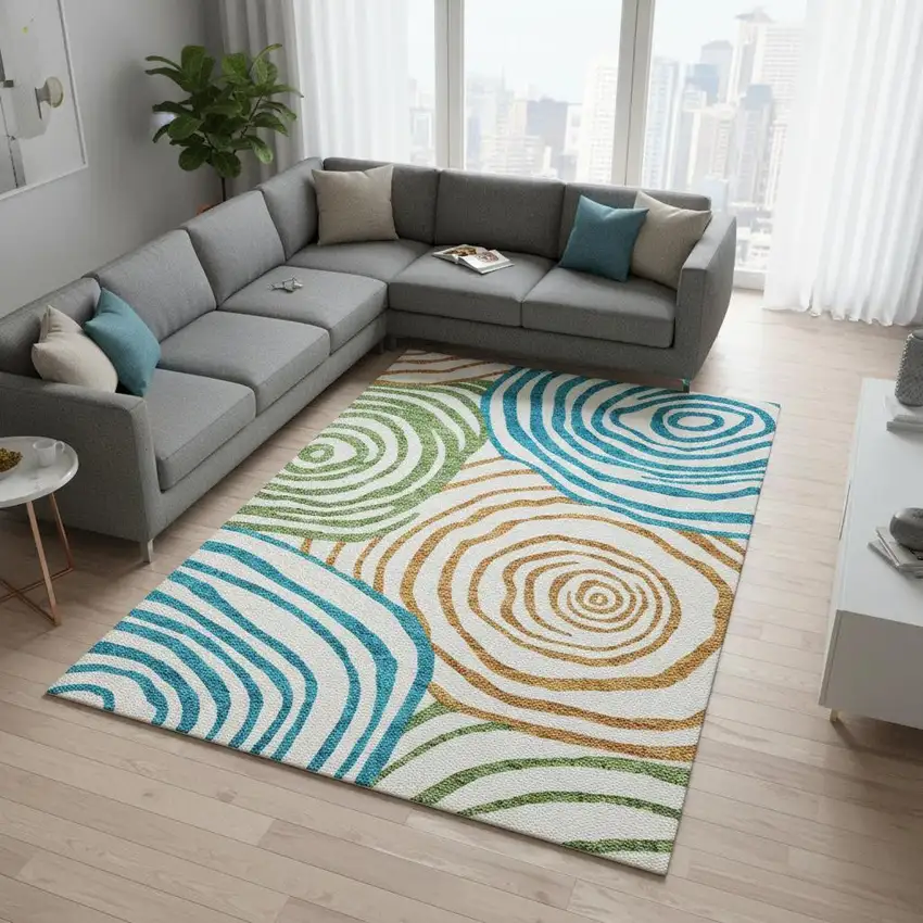 White Blue And Green Abstract Washable Area Rug With UV Protection Photo 2