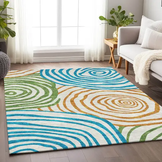 White Blue And Green Abstract Washable Area Rug With UV Protection Photo 5