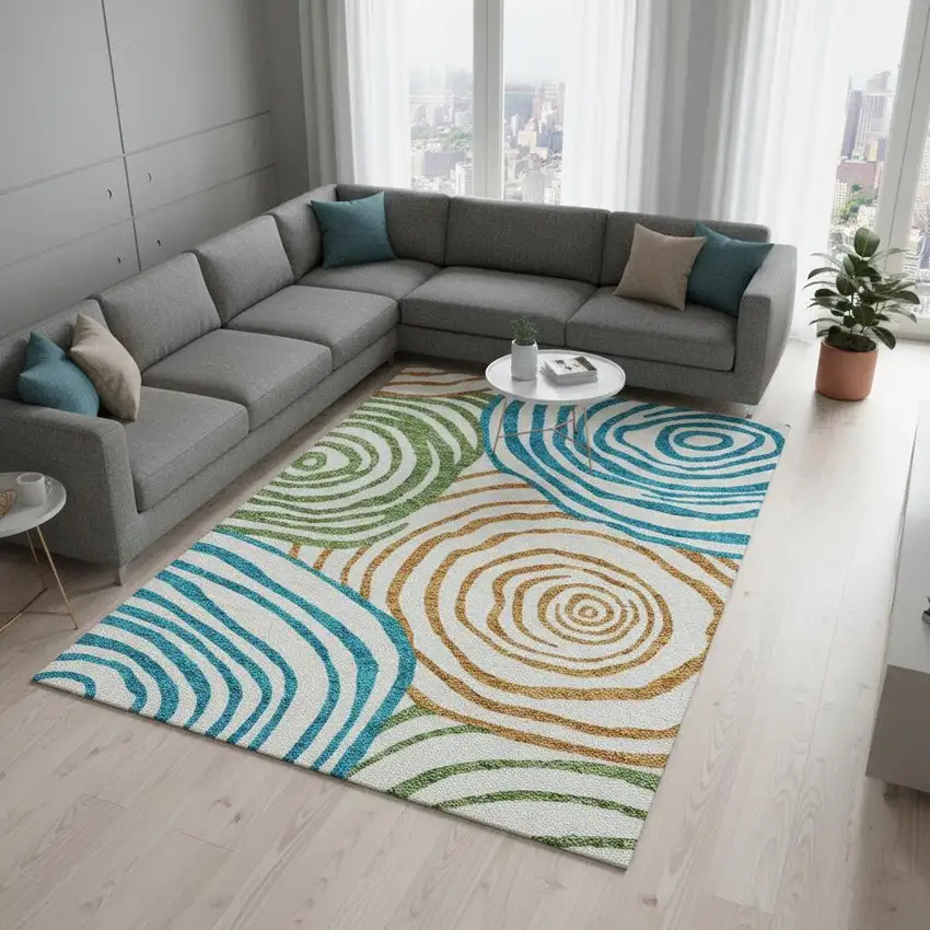 White Blue And Green Abstract Washable Area Rug With UV Protection Photo 2