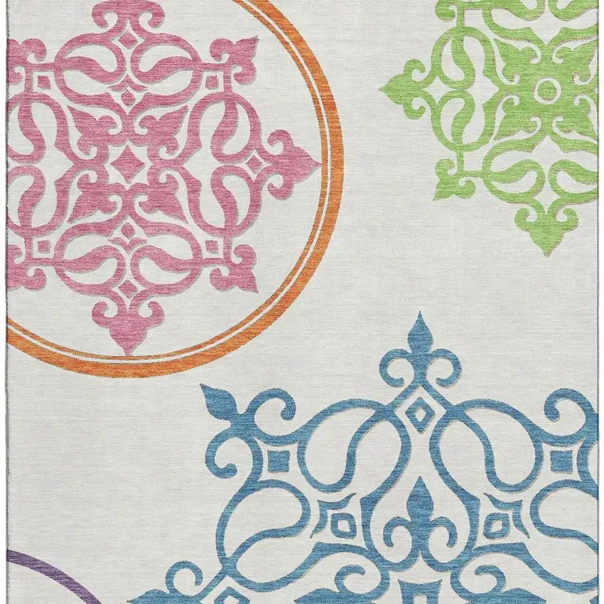 White Blue And Green Floral Medallion Washable Area Rug With UV Protection Photo 3