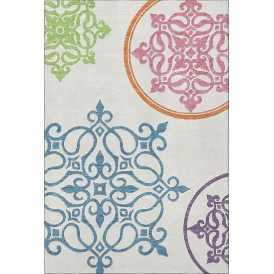 White Blue And Green Floral Medallion Washable Area Rug With UV Protection Photo 4