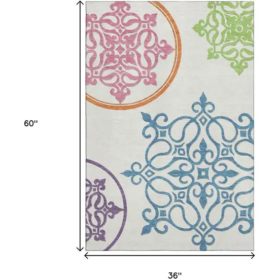 White Blue And Green Floral Medallion Washable Area Rug With UV Protection Photo 3