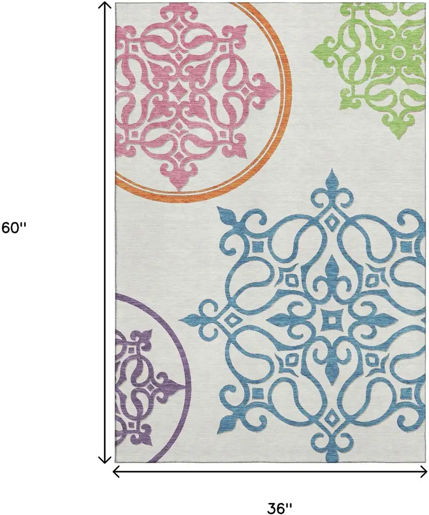 White Blue And Green Floral Medallion Washable Area Rug With UV Protection Photo 3