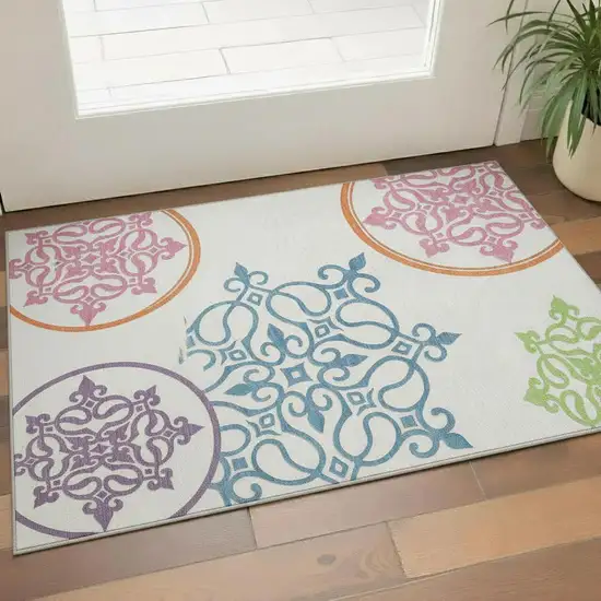 White Blue And Green Floral Medallion Washable Area Rug With UV Protection Photo 1