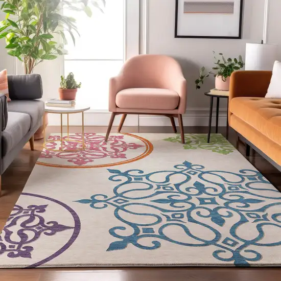 White Blue And Green Floral Medallion Washable Area Rug With UV Protection Photo 5