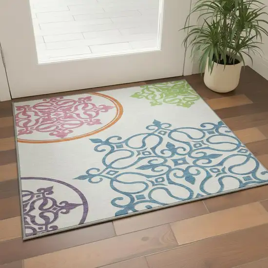 White Blue And Green Floral Medallion Washable Area Rug With UV Protection Photo 2