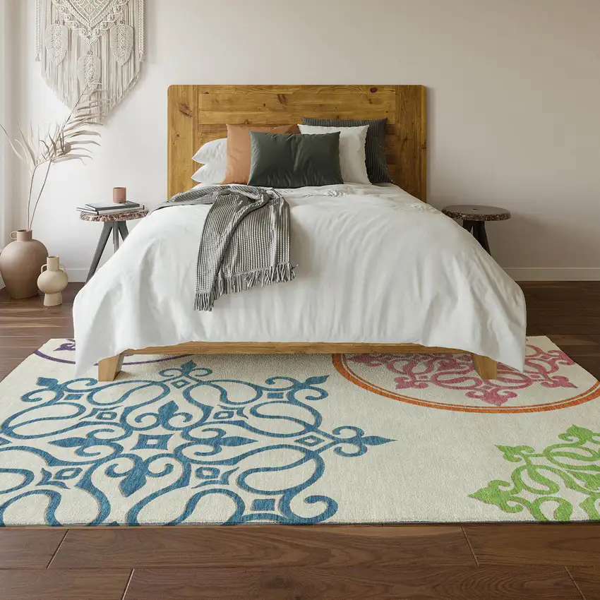 White Blue And Green Floral Medallion Washable Area Rug With UV Protection Photo 6