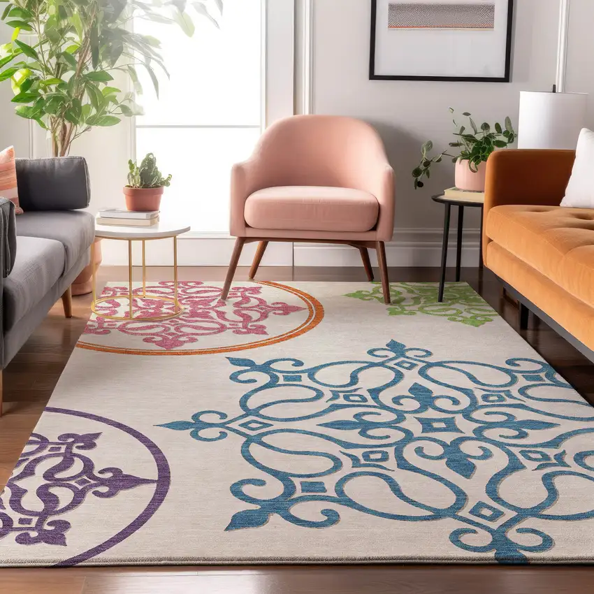 White Blue And Green Floral Medallion Washable Area Rug With UV Protection Photo 5