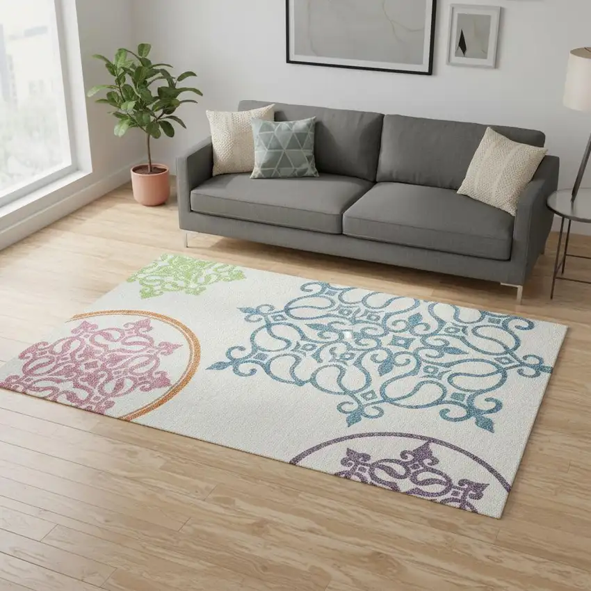 White Blue And Green Floral Medallion Washable Area Rug With UV Protection Photo 2