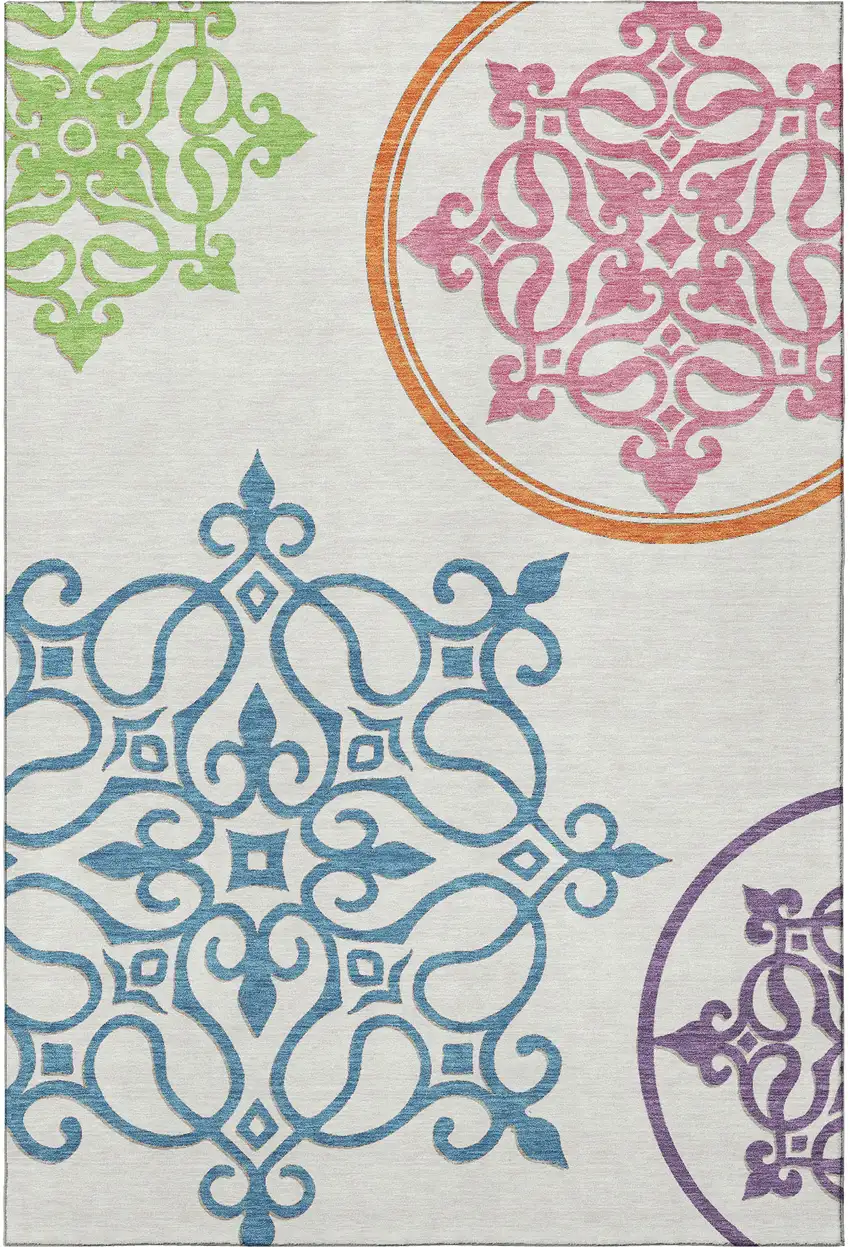 White Blue And Green Floral Medallion Washable Area Rug With UV Protection Photo 4