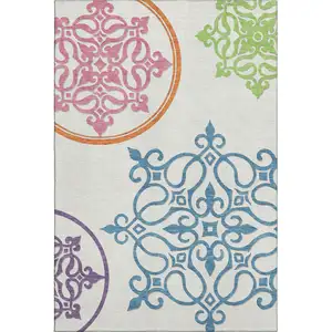 Photo of White Blue And Green Floral Medallion Washable Area Rug With UV Protection