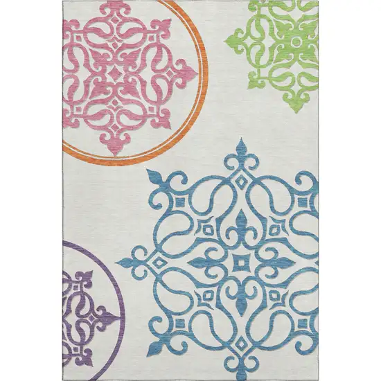 White Blue And Green Floral Medallion Washable Area Rug With UV Protection Photo 1