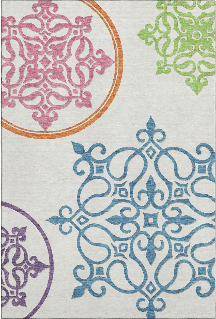 White Blue And Green Floral Medallion Washable Area Rug With UV Protection Photo 1