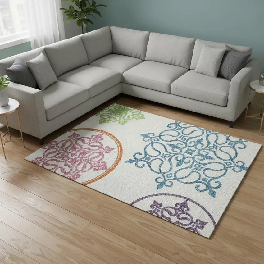 White Blue And Green Floral Medallion Washable Area Rug With UV Protection Photo 2