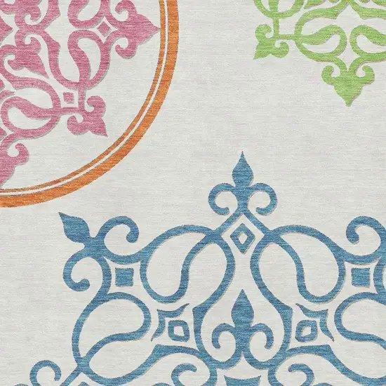 White Blue And Green Floral Medallion Washable Area Rug With UV Protection Photo 3