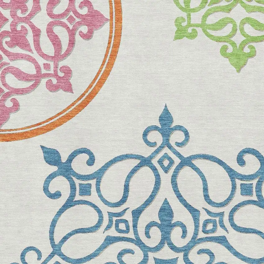 White Blue And Green Floral Medallion Washable Area Rug With UV Protection Photo 3